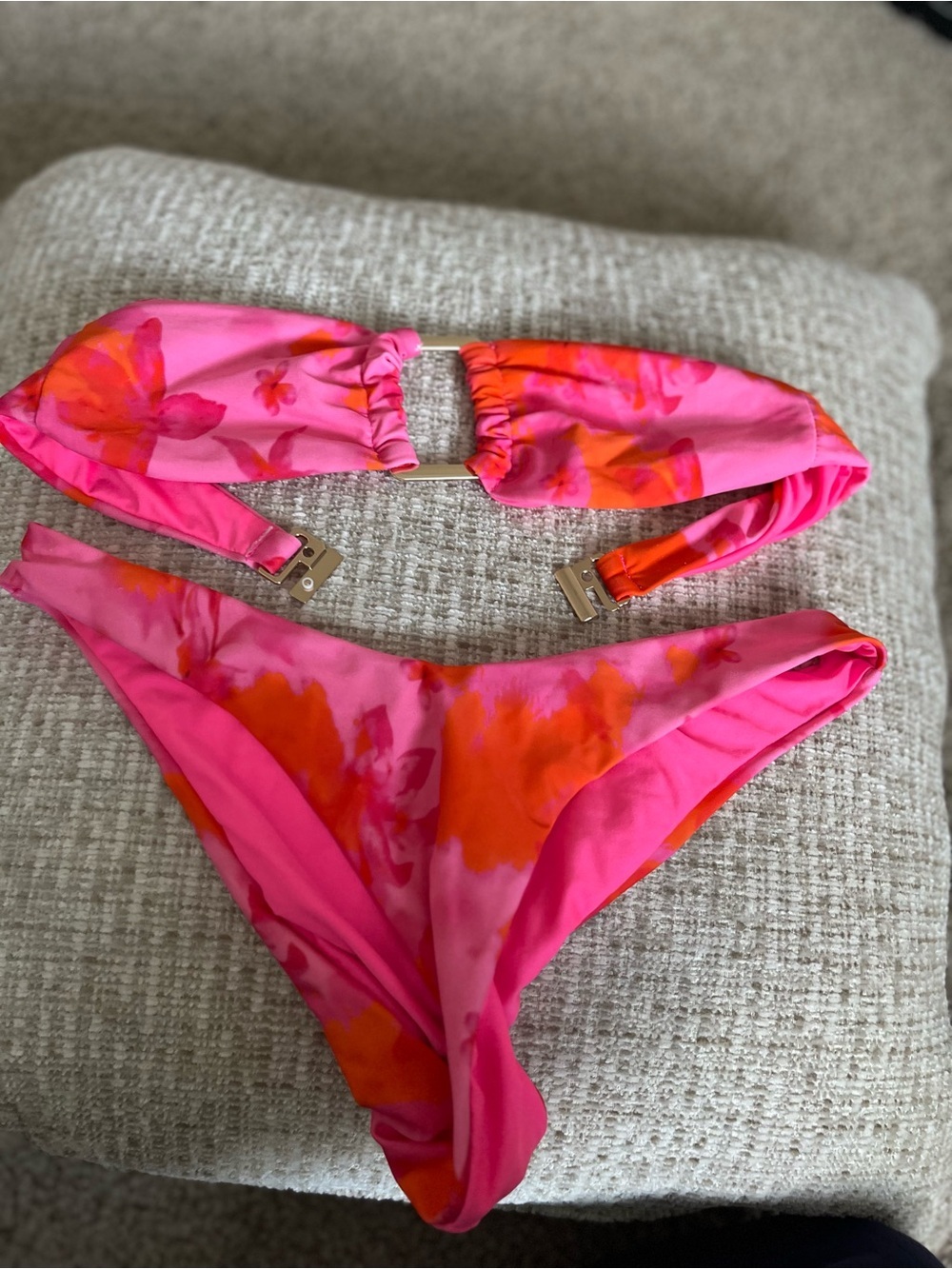 SHEIN Pink and Orange Floral Bandeau Bikini Set